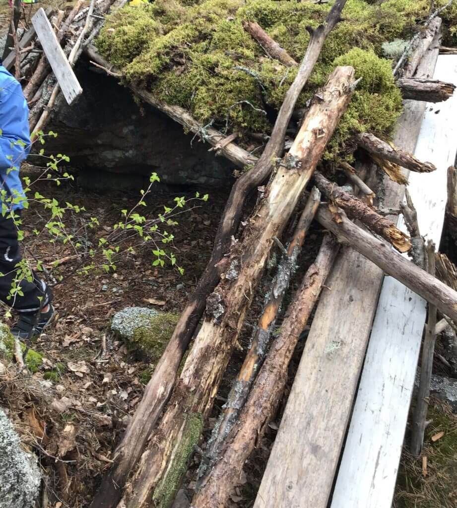 En koja gjord av pinnar och mossa