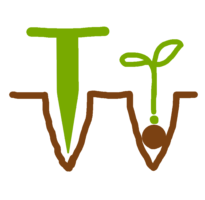 En bild av en dibber (planteringspinne), ett frö och en liten stickling