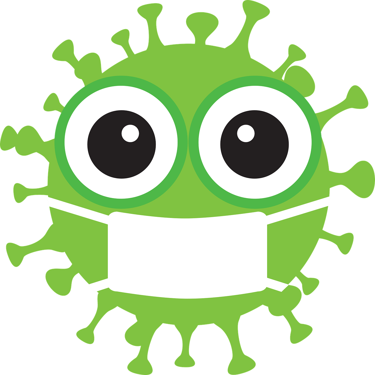 en tecknad figur som ett virus med ögon och munskydd