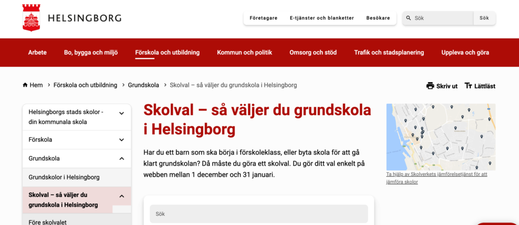 Skärmavbild från Helsingborgs kommuns hemsida för skolansökan